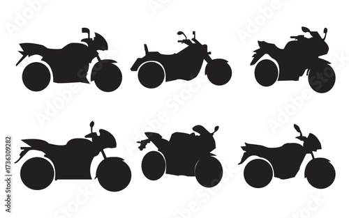 This image contains black silhouettes of six different motorcycles arranged in two rows. Each motorcycle silhouette showcases a distinct design with visible details like wheels, handlebars, seats, and