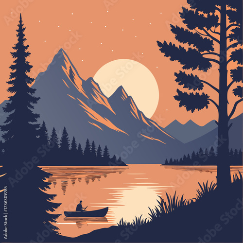 Serene mountain lake sunset with silhouette of lone rower, framed by trees, evoking peace and adventure for outdoor lovers and nature enthusiasts