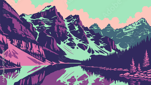 Vibrant mountain landscape with lake reflections, a stunning nature scene ideal for adventure travel and outdoor lifestyle brands, originally a scalable vector graphic