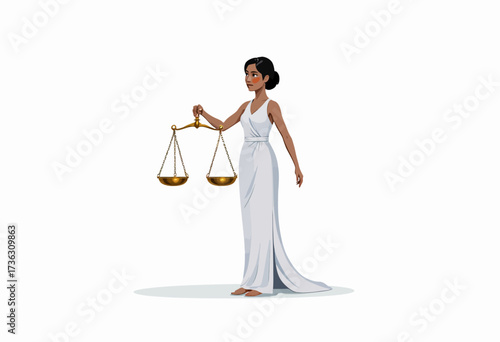 Illustration of Justice Woman in White Dress Holding Golden Scales Symbolizing Fairness and Law on a Minimalist White Background