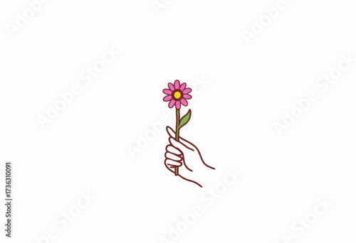 Minimalistic illustration of a hand elegantly holding a single pink flower, showcasing simplicity and beauty through clean lines and a serene white background