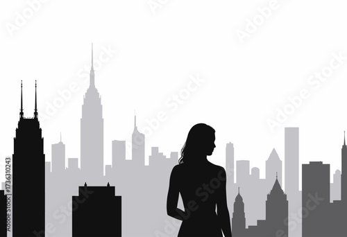 Silhouette of a Woman Standing in Front of a Majestic City Skyline at Dawn with Iconic Skyscrapers in a Striking Black and White Composition