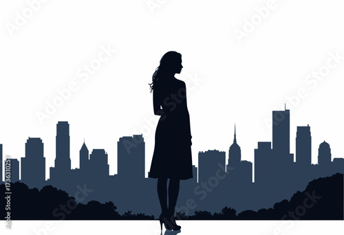 Silhouette of a Woman Standing Against a Majestic Urban Skyline, Capturing the Serenity and Grandeur of a Modern Cityscape Under a Clear Sky