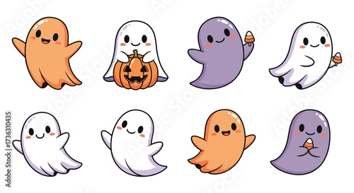 Cute cartoon ghosts in various colors and poses
