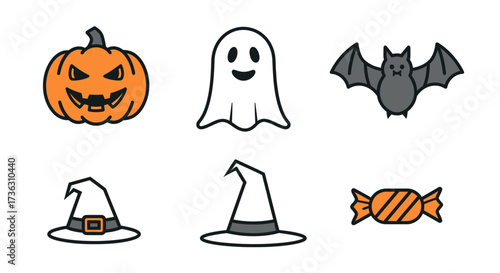 Collection of cute halloween icons including a pumpkin, ghost, bat, witch hats, and candy