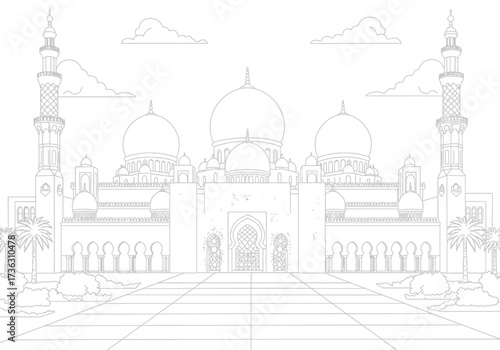 A detailed grayscale line drawing of a mosque with minarets and domes under a cloudy sky and a tiled courtyard