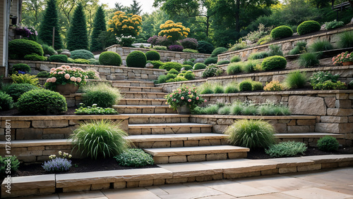 Stone staircase enhancing multi level garden with lush greenery and vibrant flowers