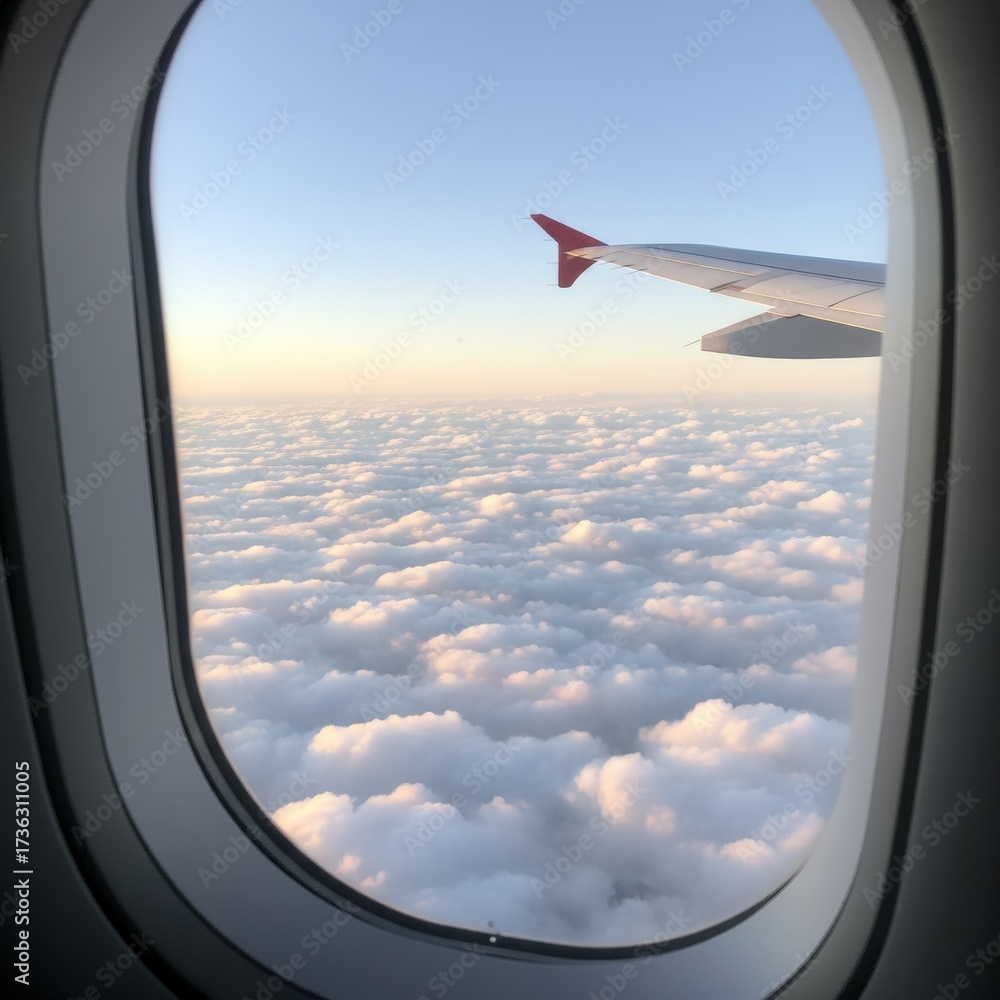 Fototapeta premium Breathtaking aerial perspective from an airplane window, revealing the wing slicing through a sea of fluffy white clouds against the clear sky during sunny weather.