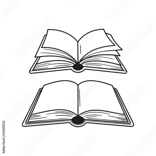 Two Open Books Illustration with Detailed Pages and Bold Outlines Depicting Reading Knowledge and Literary Themes in a Clean Design
