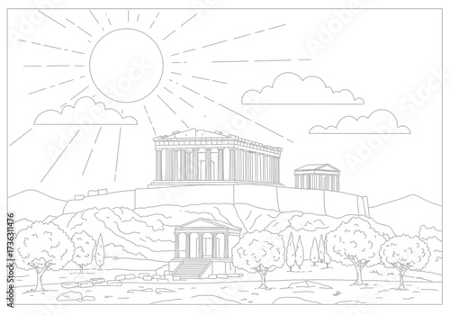 Acropolis Athens with Parthenon under sun  clouds amidst trees  landscape