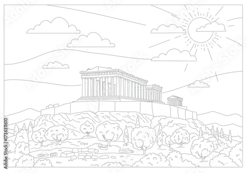 Acropolis atop a hill with columns and sun in sky