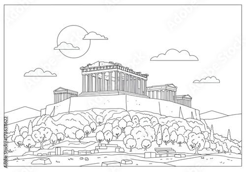 Acropolis atop a hill sunmoon clouds ancient structures trees  terrain