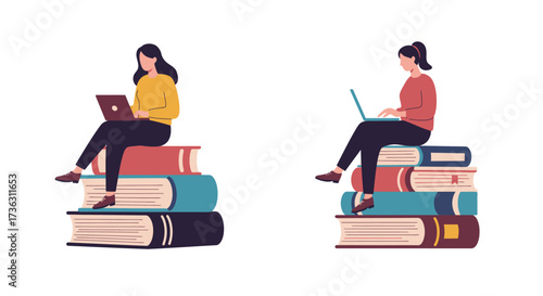 Two women work remotely perched atop stacks of colorful books