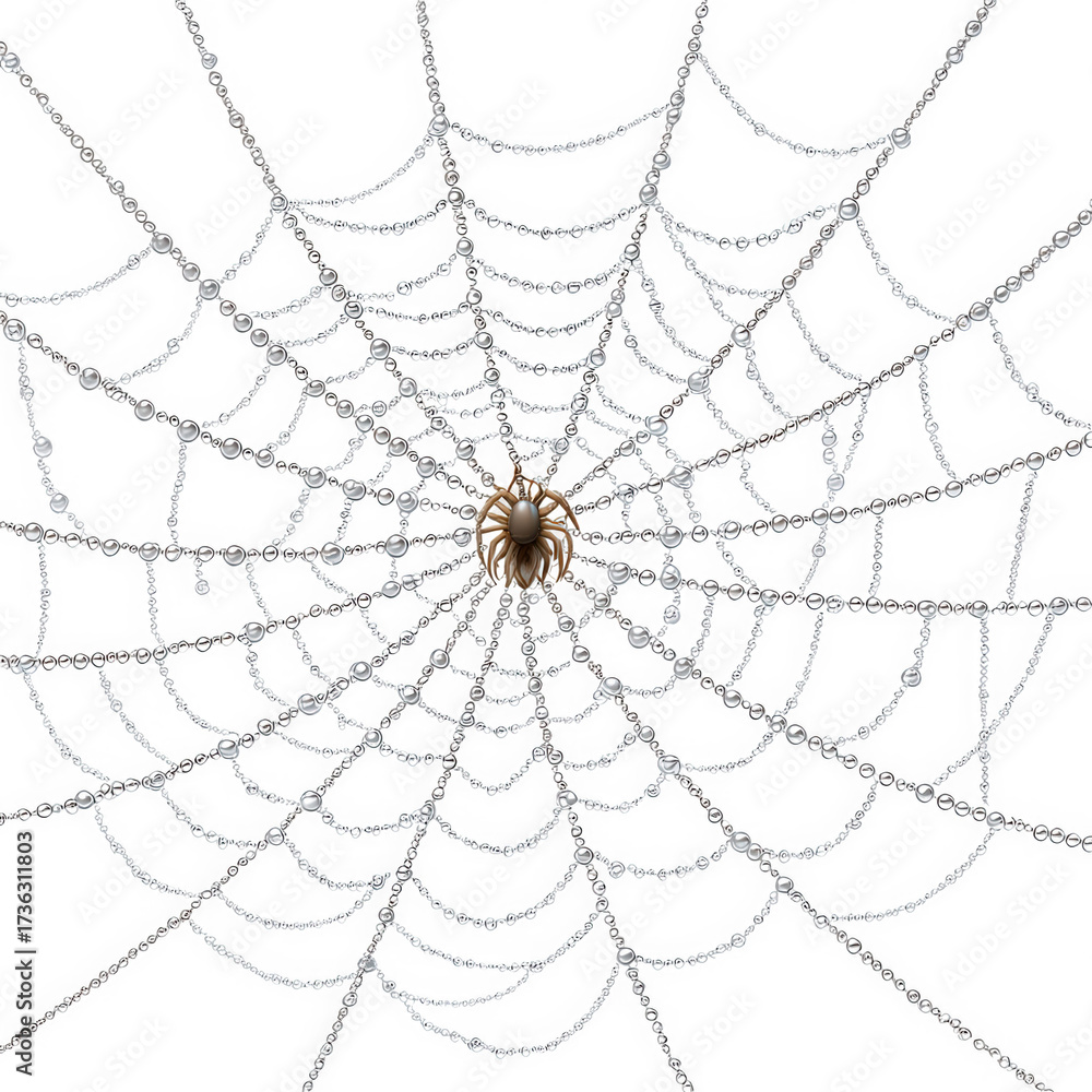 Obraz premium Spooky spider patiently waiting on an intricate, dew covered spiderweb against transparency background. Creepy clipart for halloween and nature themes with one arachnid
