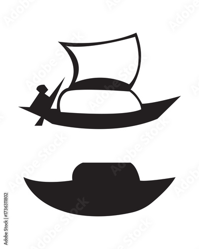 This image contains black silhouettes of two traditional boats. The top boat features a sail and a person rowing, while the bottom boat has a simple covered structure. The design is minimalistic with 