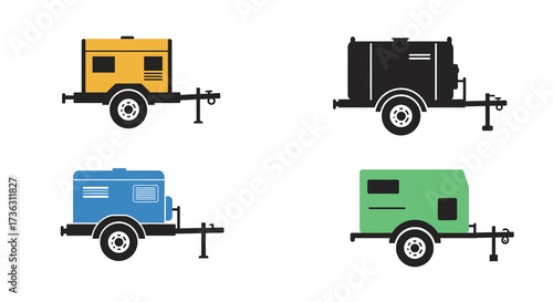 Four portable generator trailers in different color variations are displayed