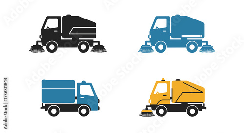 Street sweeper truck icons in varying colors and outlined styles