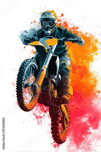 Vibrant Watercolor Explosion Surrounds an Airborne Motocross Rider in Mid-Jump.