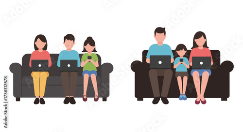 Family members using digital devices while relaxing on comfortable sofas