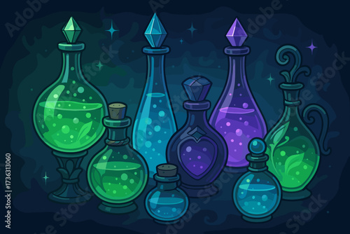 Colorful potion bottles showcasing vibrant liquids in a mystical atmosphere