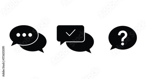 Black communication icons depicting dialogue confirmation and questioning symbols