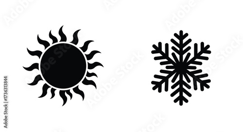 Contrasting weather icons a black sun and snowflake on white background