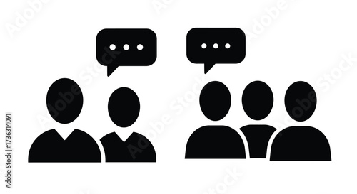 Group of people communicating with speech bubbles black and white icon