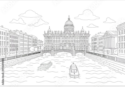 Line art shows a European city with a grand building canal boats and clouds