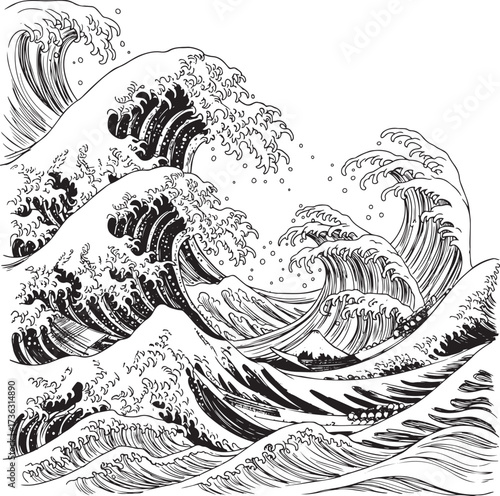 Ferocious Ocean Swell: Dynamic Japanese Woodblock-Style Wave Illustration