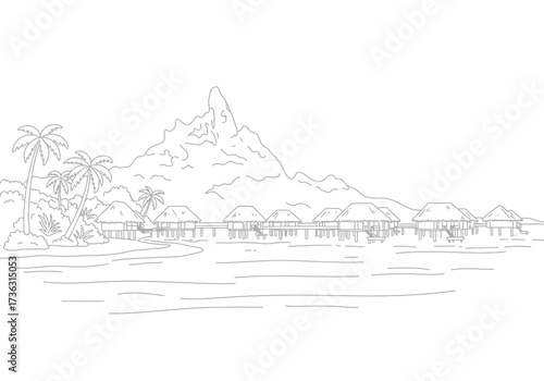 Mountain backdrop with ocean bungalows sketched