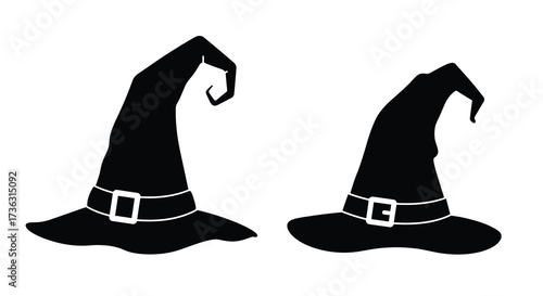 Two black witch hats with belts depicted in a simple silhouette style