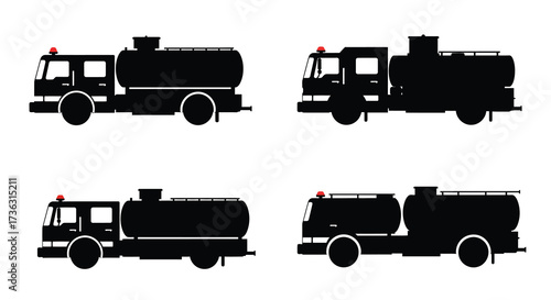 Silhouettes of fuel tanker trucks in various orientations displayed