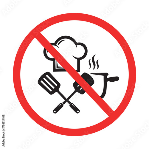 no cooking allowed sign symbol, prohibition mark with chef hat spatula and pot, kitchen restriction concept