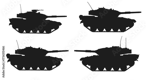 Black silhouette outlines of four military tanks in a grid arrangement