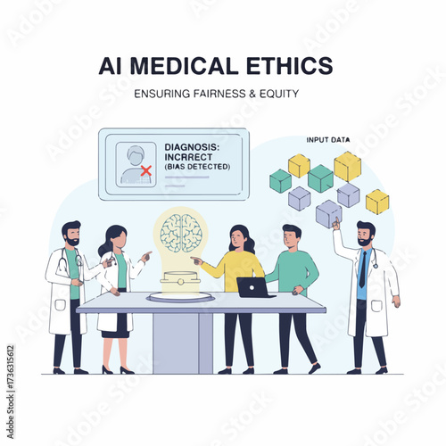AI and Ethics in Medical Diagnosis Vector Illustration. Wide Landscape Doctors Reviewing Algorithm Bias