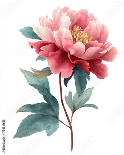 Watercolor Peony Blossom - Delicate Pink Petals and Teal Leaves on White Background.