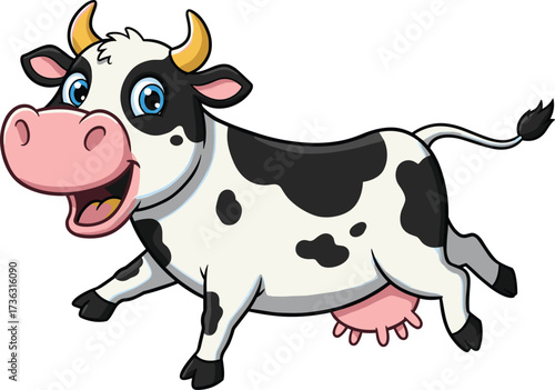 Cartoon cow illustration, funny farm animal, happy dairy cattle, cute livestock drawing, playful children’s character, black and white cow, cheerful mascot design, educational artwork