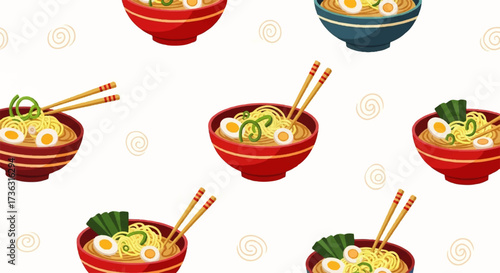 Artistic seamless pattern illustrating traditional Japanese green tea ceremony elements, featuring a delightful assortment of uniquely patterned matcha bowls and bamboo whisks