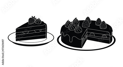 Chocolate cake with strawberry toppings a slice and a whole cake view