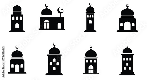 Collection of islamic mosque silhouettes with crescent moon and minarets