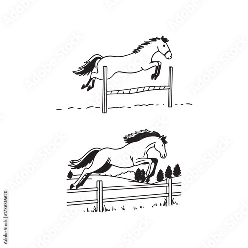 Horse Jumping Obstacles A Black and White Sketch