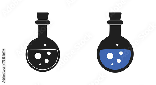 Two black potion bottles with corks one filled with blue liquid