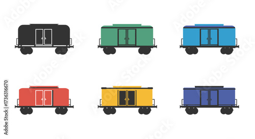 Colorful railway freight wagons in various shades simple flat vector illustration