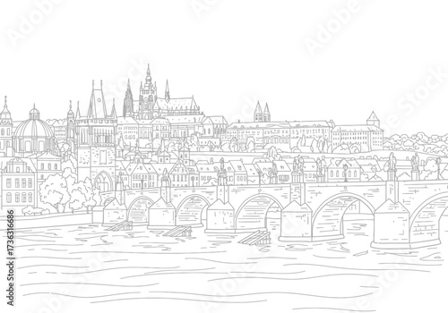 Prague cityscape outline river bridge buildings and distant structures