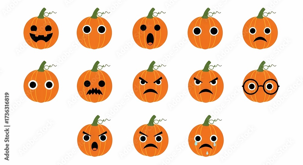 Fototapeta premium Set of colorful carved pumpkin faces showing various human emotions like joy anger sorrow fear surprise and boredom for autumn holiday celebrations or harvest festivals during the spooky fall