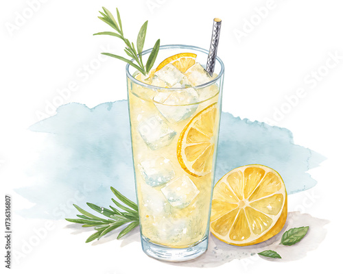 Refreshing watercolor illustration of a tall glass of lemonade with ice and lemon slices isolated on transparent background
