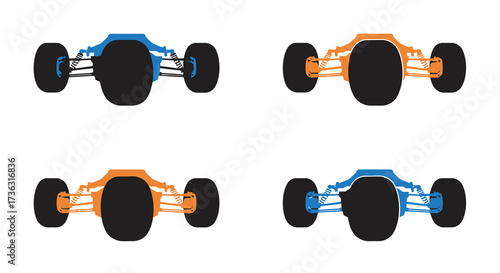 Four simplified illustrations of vehicle chassis with large black tires