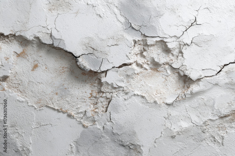 Obraz premium A weathered stucco wall features intricate cracks and creases, providing a textured backdrop. The right side offers ample copy space, perfect for blending design elements.