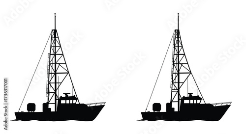 Silhouetted fishing boats with tall masts against a plain white background