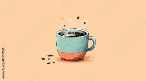 Whimsical Steaming Coffee in a Two-Tone Blue and Orange Ceramic Mug.